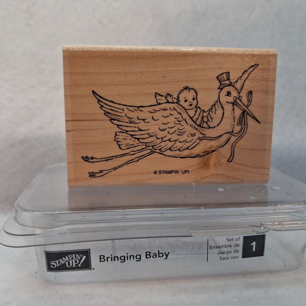 Stampin Up Rubber Stamp Bringing Baby Stork Newborn Wood Mounted‎ EUC